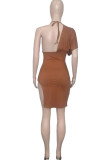 Tangerine Red Sexy Solid Patchwork Backless Asymmetrical Irregular Dress Dresses
