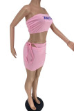 Pink Fashion Sexy Letter Print Bandage Backless Strapless Sleeveless Two Pieces