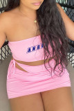 Pink Fashion Sexy Letter Print Bandage Backless Strapless Sleeveless Two Pieces