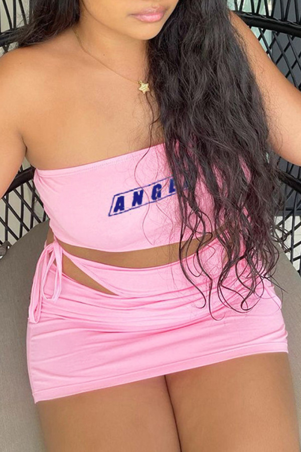 Pink Fashion Sexy Letter Print Bandage Backless Strapless Sleeveless Two Pieces