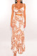 Brown Sexy Print Hollowed Out Patchwork Knotted Spaghetti Strap Sleeveless Two Pieces