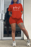 Red Fashion Casual Print Basic O Neck Short Sleeve Two Pieces