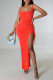 Tangerine Sexy Solid Patchwork Slit Spaghetti Strap Sling Dress Dresses