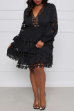 Black Sexy Solid Hollowed Out Patchwork V Neck A Line Dresses