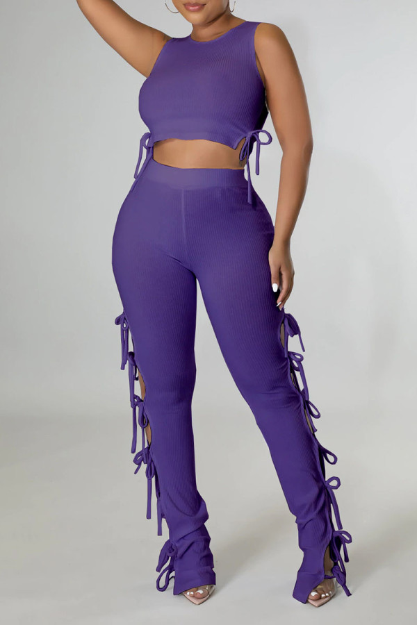 Purple Sexy Solid Hollowed Out Patchwork Frenulum O Neck Sleeveless Two Pieces