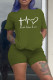 Army Green Fashion Casual Print Basic O Neck Short Sleeve Two Pieces