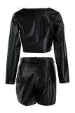 Black Fashion Sexy Solid Basic Long Sleeve Coat Three Piece Set