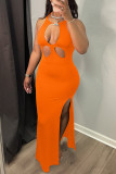 Yellow Fashion Sexy Solid Hollowed Out Slit O Neck Sleeveless Dress