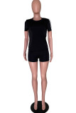 Black Fashion Casual Solid Patchwork O Neck Short Sleeve Two Pieces