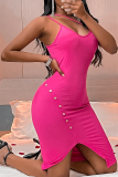 Rose Red Sexy Solid Buckle Spaghetti Strap Irregular Dress Dresses