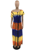 Yellow Fashion Casual Print Tie Dye Basic O Neck Short Sleeve Dress