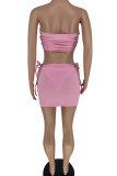 Pink Fashion Sexy Letter Print Bandage Backless Strapless Sleeveless Two Pieces