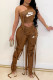 Coffee Fashion Casual Print Bandage Letter O Neck Sleeveless Two Pieces