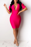 Rose Red Sexy Solid Split Joint V Neck One Step Skirt Dresses