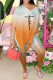 Tangerine Red Casual Gradual Change Print Patchwork Slit V Neck Half Sleeve Two Pieces