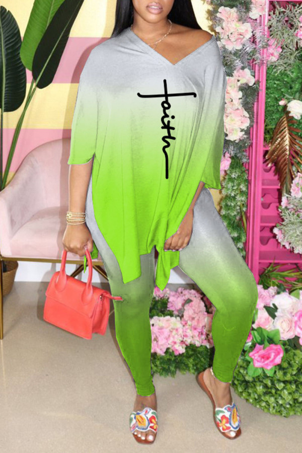 Green Casual Gradual Change Print Patchwork Slit V Neck Half Sleeve Two Pieces