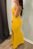 Yellow Fashion Sexy Solid Hollowed Out Slit O Neck Sleeveless Dress