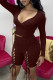 Brown Red Fashion Sexy Solid Bandage V Neck Long Sleeve Two Pieces
