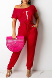 Red Fashion Casual Print Basic O Neck Regular Jumpsuits
