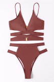 Rose Red Fashion Sexy Solid Hollowed Out Backless Swimwears (With Paddings)