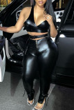 Black Sexy Solid Hollowed Out Patchwork Asymmetrical V Neck Sleeveless Two Pieces
