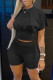 Black Casual Solid Patchwork O Neck Short Sleeve Two Pieces