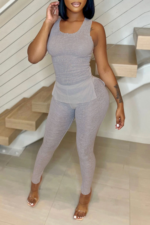 Grey Sexy Solid Patchwork Slit U Neck Sleeveless Two Pieces