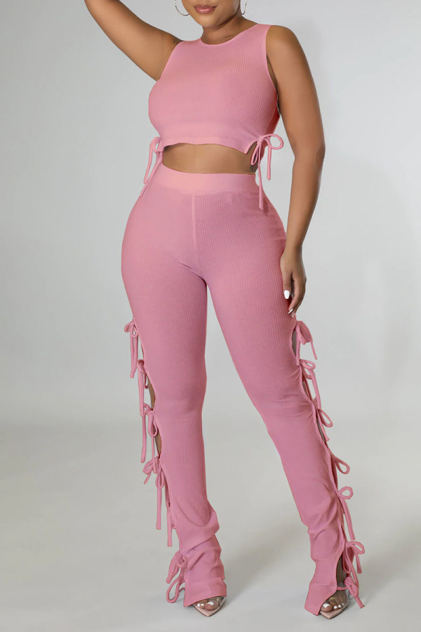 Pink Sexy Solid Hollowed Out Patchwork Frenulum O Neck Sleeveless Two Pieces