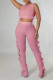 Pink Sexy Solid Hollowed Out Patchwork Frenulum O Neck Sleeveless Two Pieces