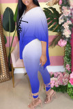 Pink Casual Gradual Change Print Patchwork Slit V Neck Half Sleeve Two Pieces