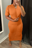 Blue Fashion Casual Solid Hollowed Out Fold O Neck Short Sleeve Dress