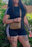 Black Fashion Casual Solid Patchwork O Neck Short Sleeve Two Pieces