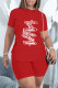 Red Fashion Casual Print Slit Letter O Neck Short Sleeve Two Pieces
