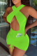 Green Fashion Sexy Print Hollowed Out V Neck One Step Skirt Dresses