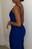 Dark Blue Sexy Casual Solid Backless Zipper Square Collar Vest Dress