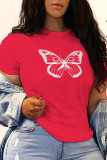 Red Fashion Street Butterfly Print Patchwork O Neck T-Shirts
