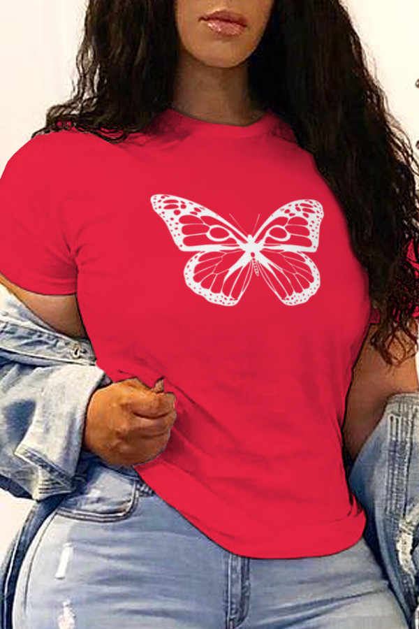 Red Fashion Street Butterfly Print Patchwork O Neck T-Shirts