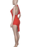 Tangerine Red Sexy Solid Patchwork Backless Asymmetrical Irregular Dress Dresses