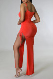 Tangerine Sexy Solid Patchwork Slit Spaghetti Strap Sling Dress Dresses