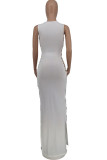 White Sexy Solid Bandage Hollowed Out Split Joint Slit V Neck Straight Dresses