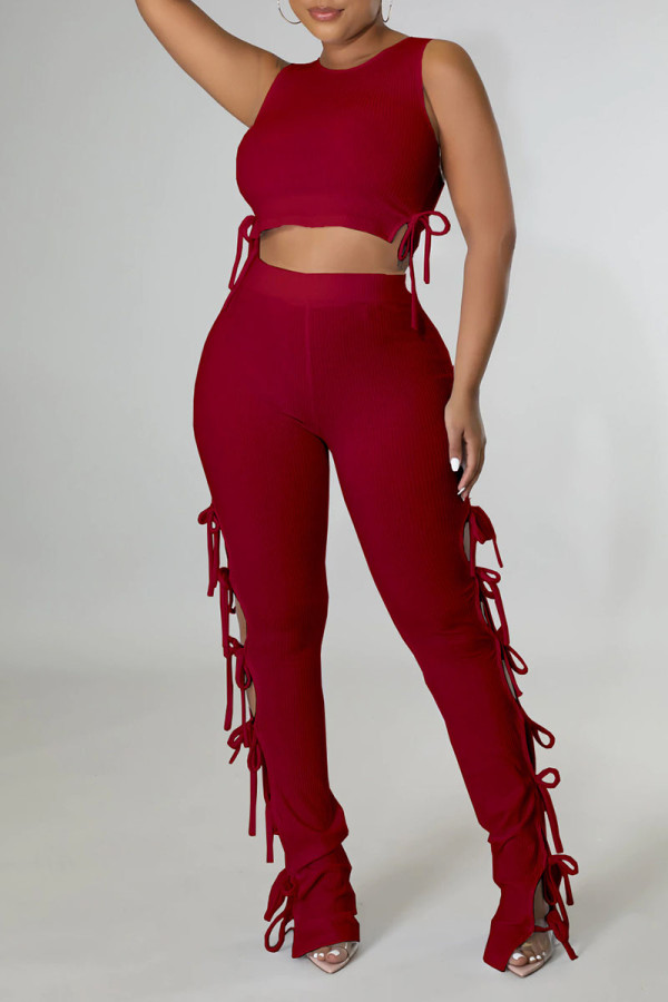 Burgundy Sexy Solid Hollowed Out Patchwork Frenulum O Neck Sleeveless Two Pieces