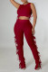 Burgundy Sexy Solid Hollowed Out Patchwork Frenulum O Neck Sleeveless Two Pieces