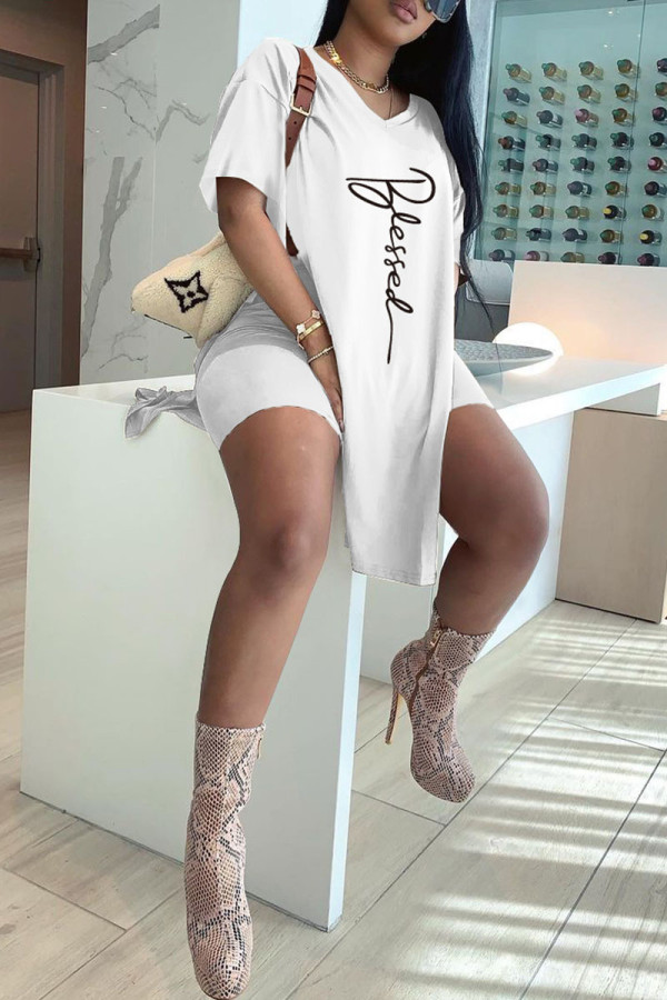 White Casual Print Patchwork V Neck Short Sleeve Two Pieces