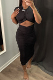 Blue Fashion Casual Solid Hollowed Out Fold O Neck Short Sleeve Dress