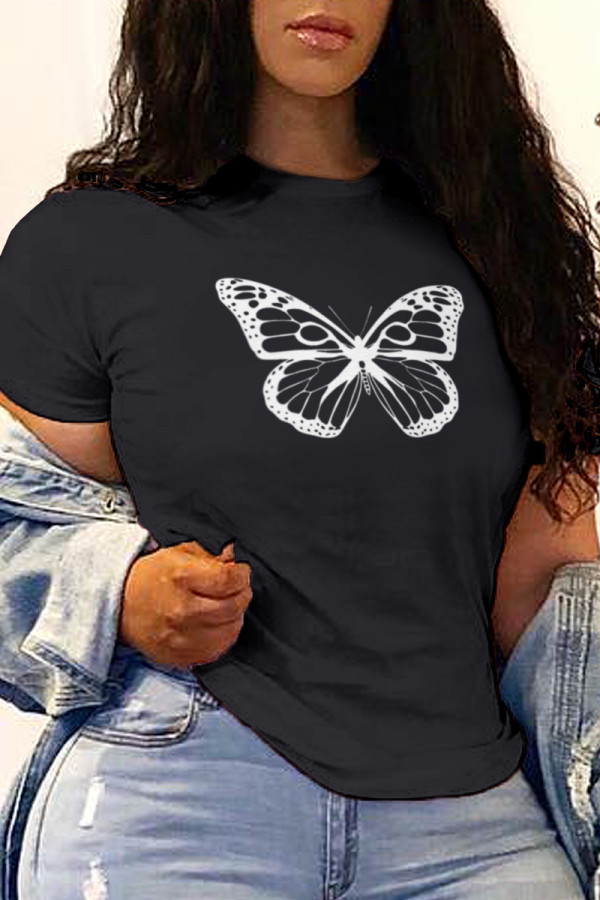 Black Fashion Street Butterfly Print Patchwork O Neck T-Shirts