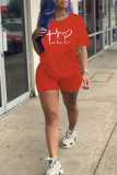 Red Fashion Casual Print Basic O Neck Short Sleeve Two Pieces
