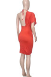 Tangerine Red Sexy Solid Patchwork Backless Asymmetrical Irregular Dress Dresses