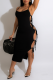 Black Sexy Solid Hollowed Out Spaghetti Strap Pencil Skirt Dresses