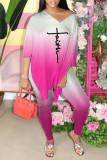 Pink Casual Gradual Change Print Patchwork Slit V Neck Half Sleeve Two Pieces