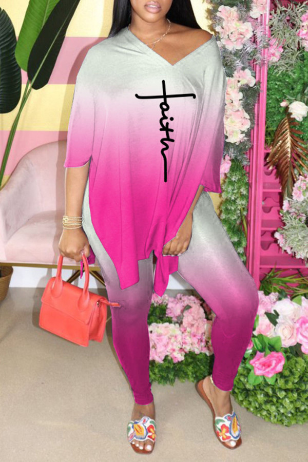 Pink Casual Gradual Change Print Patchwork Slit V Neck Half Sleeve Two Pieces
